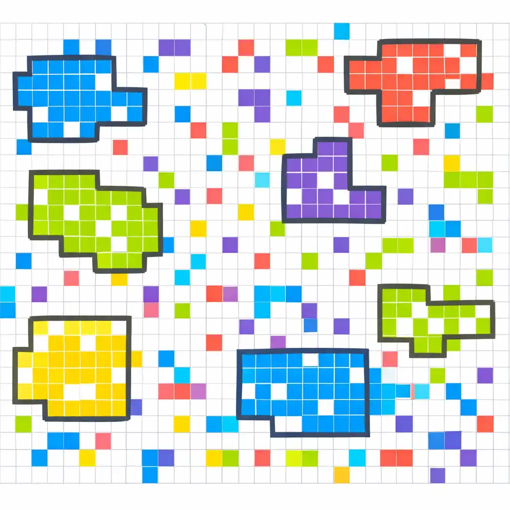 Abstract pixel diagram of a colour puzzle board with several clusters outlined in thick graphite borders to show recognised patterns