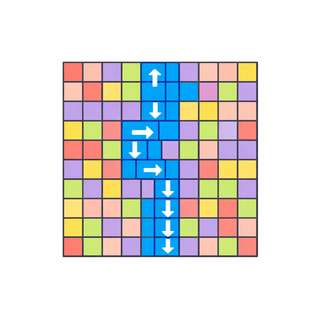 Abstract pixel diagram showing a cascade sequence where a central electric blue flow triggers adjacent colour matches