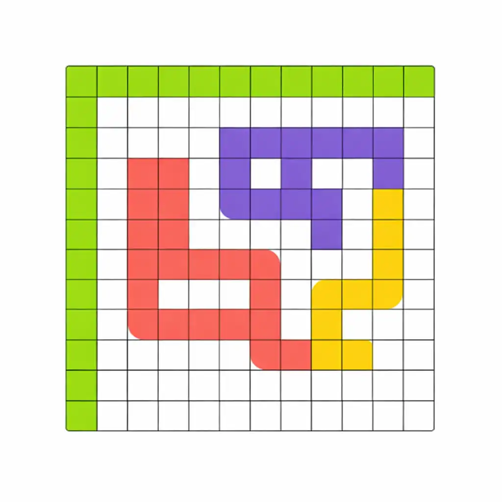 Abstract pixel diagram showing a lime green flow anchored along the left and top edges of a colour puzzle board