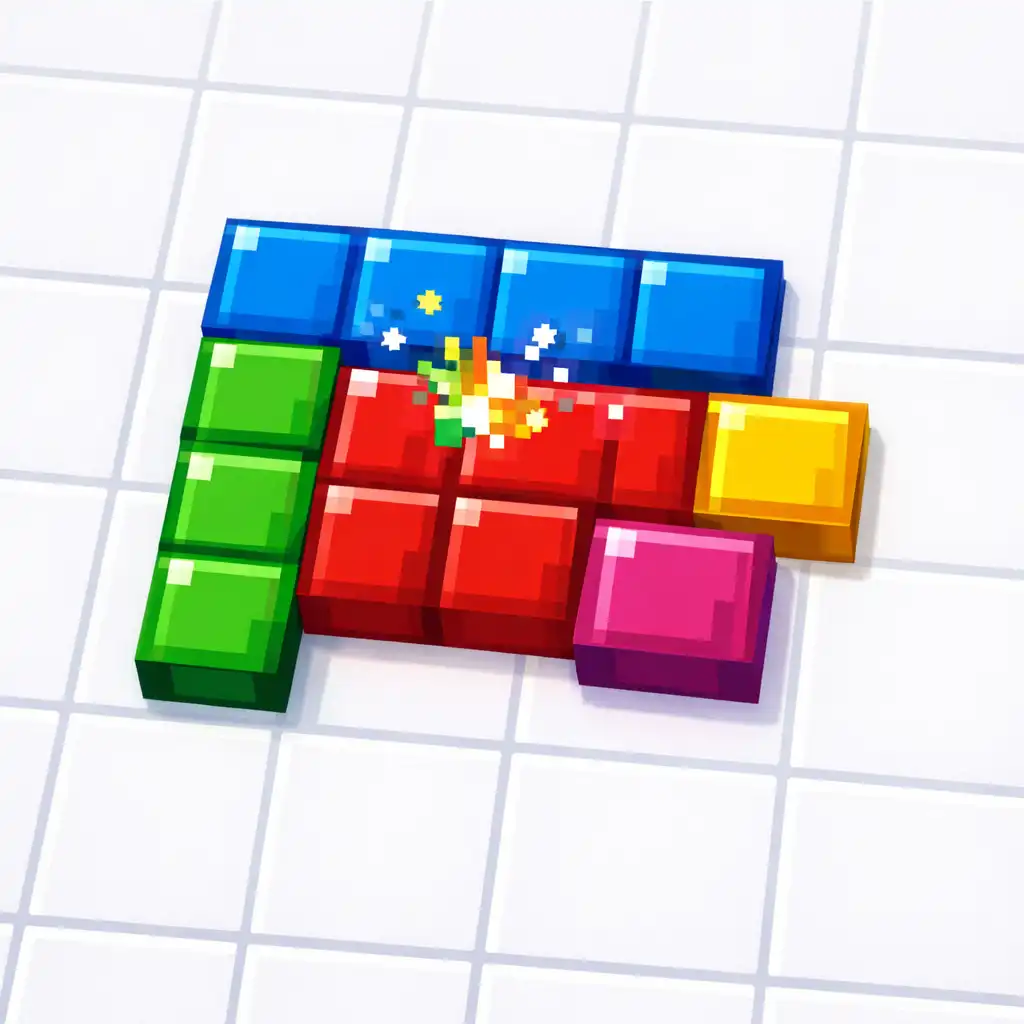 Close-up of Pixel Flow Burst pixel art style with vibrant coloured tiles and burst effects