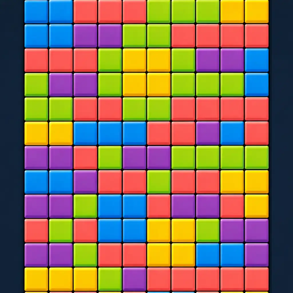 A colourful pixel grid in Pixel Flow Burst with electric blue, coral, lime, violet, and yellow square tiles arranged in a puzzle pattern