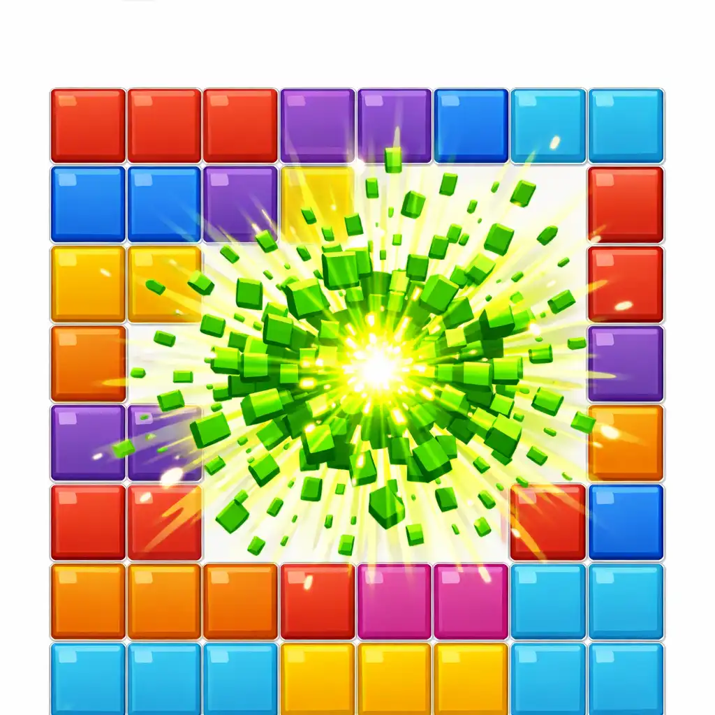 A Pixel Flow Burst puzzle grid with a burst effect where a group of same-coloured pixels explodes into small particles