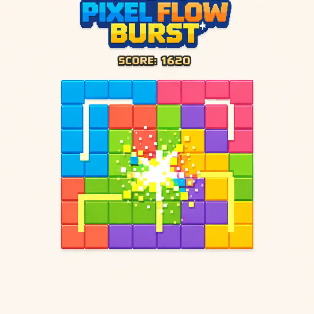 Pixel Flow Burst gameplay showing a player interacting with coloured pixels on a puzzle board