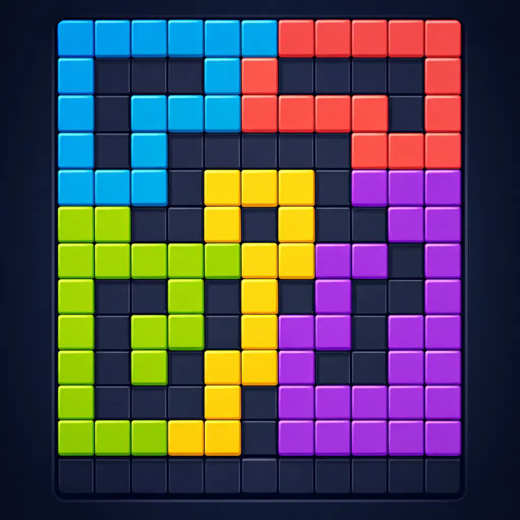 Pixel Flow Burst mobile puzzle board showing interconnected coloured pixel blocks
