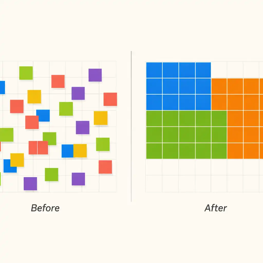 Abstract before and after board simplification with fewer colours and larger clusters
